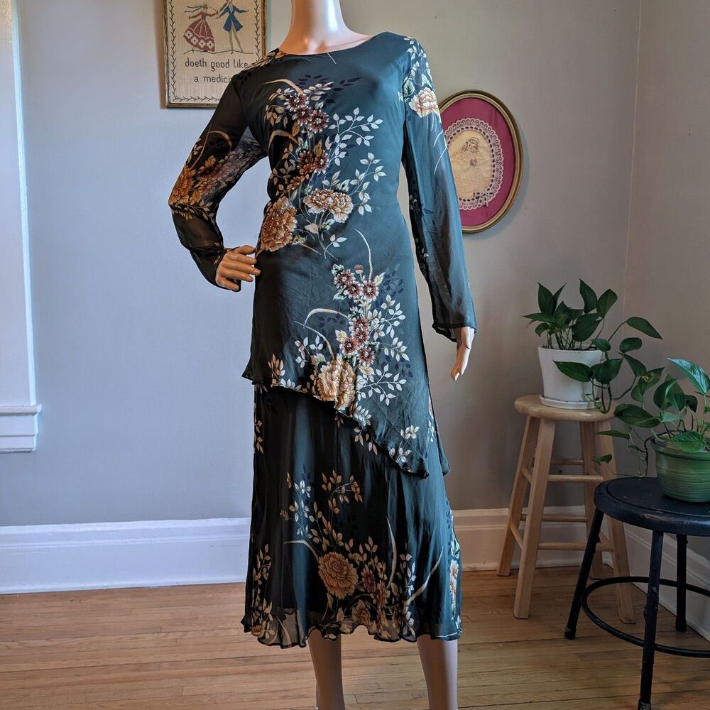 Vintage Y2K Eva Blue Green Midi Dress Floral Layered Fairycore Whimsygoth Size 6